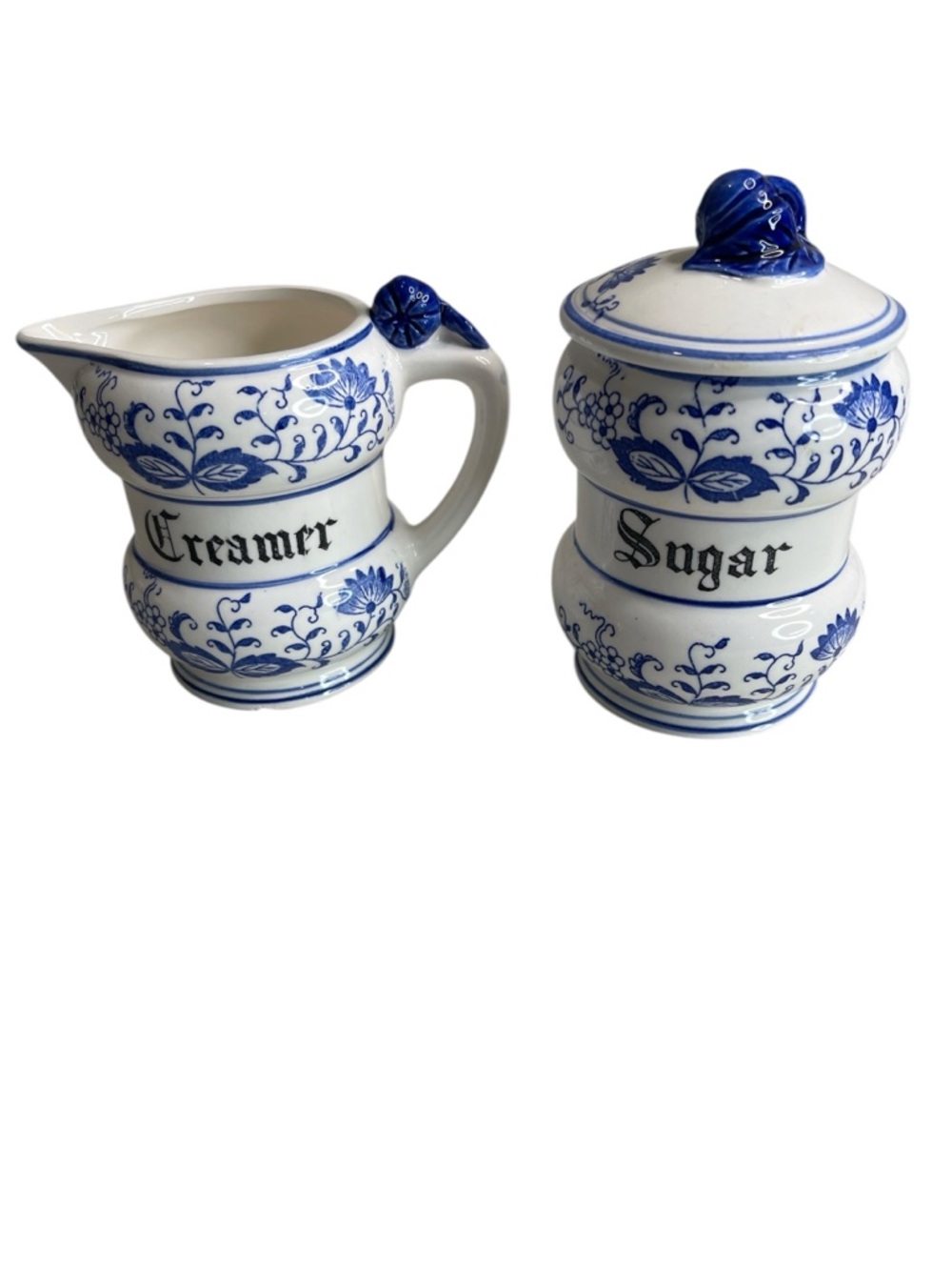 Vintage 50s Arnart Blue Onion Design Sugar Jar and Creamer Set White Porcelain